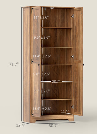 72" Farmhouse Pantry Cabinet, Freestanding Food Pantry Cabinet with Adjustable Shelves, Brown