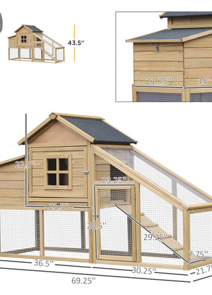 69" Wooden Chicken Coop, Poultry Cage Hen House with Connecting Ramp, Tray, Ventilated Window and Nesting Box