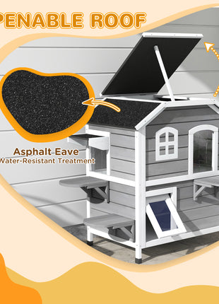  2-story Cat House Outdoor, Weatherproof Wooden Cat Enclosure for Feral Cats with Escape Door, Openable Roof, Jumping Platforms, Gray