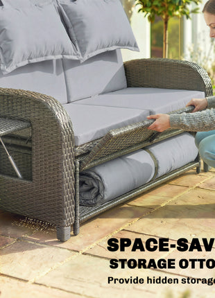 Patio Rattan Daybed, Wicker Outdoor Daybed with Storage Ottoman, Loveseat w/ Adjustable Backrest, Gray