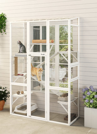 Outdoor Catio Cat Enclosure, Large Wooden Cat House with 6 Jumping Platforms, Scratching Post, 2 Ramps, for 2-3 Kittens