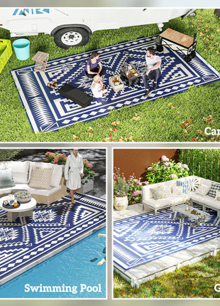 Reversible Outdoor Rug, Waterproof Plastic Straw with Carry Bag, 9' x 18', Blue & White Square Patchwork