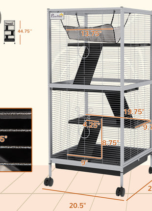 45" H Rolling Small Animal Cage with Hammock, Ferret Cage, Chinchilla Cage, Pet Habitat with 6 Doors, Removable Tray
