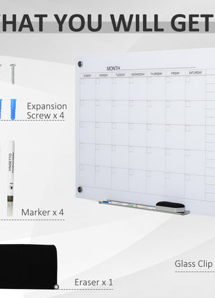 35"x23" Dry Erase Wall Calendar Glass Whiteboard Monthly Planner for Homeschool Supplies & Home Office Organization with 4 Markers and 1 Eraser,Frameless