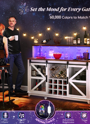 55" Coffee Bar Cabinet with Lights, Farmhouse Wine Cabinet with Wine and Glass Racks for Kitchen, Dining Room, White