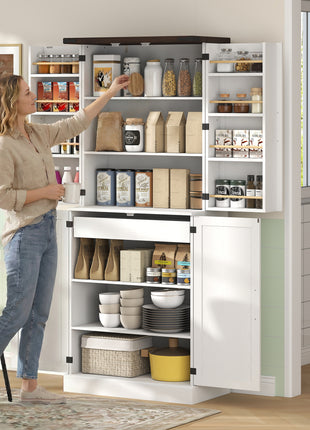 72" Tall Kitchen Pantry Cabinet, Farmhouse Storage Cabinet with 8 Door Racks and Adjustable Shelves, White