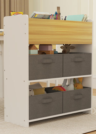 Kids Desk and Chair Set with Paper Roll, Kids Activity Craft Table with Storage Shelves and Drawers, Natural Wood