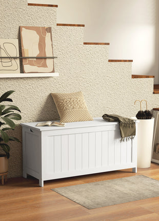 39.4" Storage Trunk w/ 2 Safety Hinges, Wooden Storage Bench w/ Side Handles, Storage Chest for Playroom, White