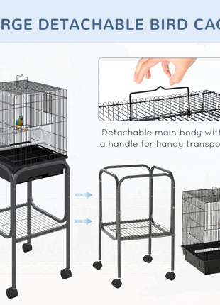 45-inch Metal Indoor Bird Cage, Parrot Cage, Bird Aviary with Detachable Rolling Stand, Storage Basket, and Accessories - Black