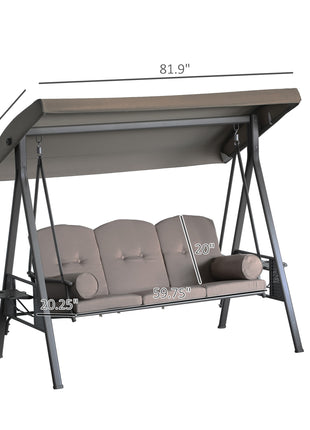 3-Seat Patio Swing Chair, Outdoor Porch Swing Glider with Adjustable Canopy, Removable Cushion, Pillows and Side Trays, for Garden, Poolside, Backyard, Brown