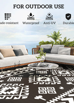 Reversible Outdoor Rug, Waterproof Plastic Straw with Carry Bag, 9' x 18', Black & White Rhombus Patchwork