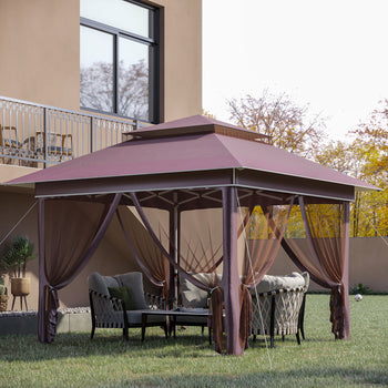 12' x 12' Pop Up Canopy Tent with Netting and Carry Bag, Instant Sun Shelter with 137 sq.ft Shade, Tents for Parties, Height Adjustable, for Outdoor, Garden, Patio, Brown