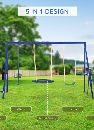 693 lbs Metal Swing Set for Kids, 5 in 1 Outdoor Playset with Heavy Duty A-Frame Stand, 29.5" Saucer Swing, Slide, Blue