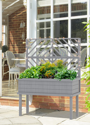 Elevated Wood Planter with Trellis for Climbing Plants, Raised Garden Bed with Legs and Drainage Holes, Gray