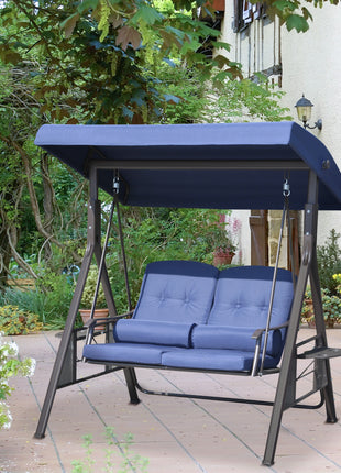 2-Person Patio Swing Bench with Adjustable Shade Canopy, Soft Cushions, Throw Pillows and Tray, Dark Blue