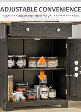 Kitchen Storage Cabinet, Sideboard Floor Cupboard with Solid Wood Top, Adjustable Shelf, and 2 Drawers, Distressed Black