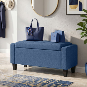 Storage Ottoman, Storage Bench with Wooden Legs, Tufted Armrests for Entryway, Living Room, Bedroom, 36.6", Blue