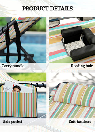 2 Piece Folding Chaise Lounge Pool Chairs with 5-level Reclining Back, Reading Hole, Side Pocket, Rainbow Striped
