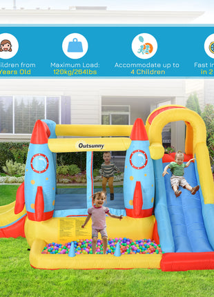 Kids Bounce House, 4-in-1 Rocket Inflatable Water Slide Jumping Castle with 2 Slides, Climbing Wall, Trampoline, & Water Pool Area, Air Blower