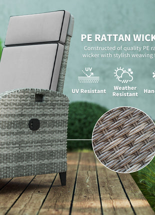 Outdoor Recliner Chair with Cushions, Reclining Patio Lounge Chair with Adjustable Footrest, Armrests, Tray Table, Gray