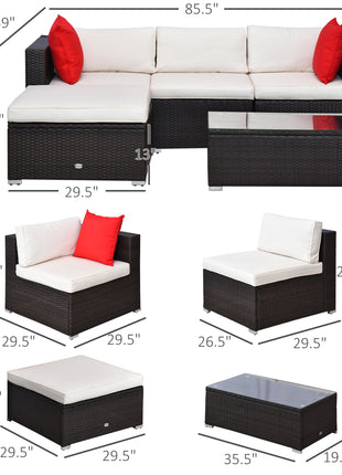 5-Piece Patio Furniture Set with Cushions, Outdoor PE Rattan Wicker Sofa Set, Sectional Furniture with Pillows, Glass Coffee Table for Garden, Backyard, Brown/Cream White