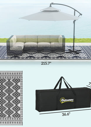 Reversible Outdoor Rug, Waterproof Plastic Straw with Carry Bag, 9' x 18', Black & White Rhombus Border