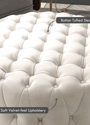 Round Ottoman Coffee Table with Velvet-feel Upholstery, Button Tufted Design and Padded Seat, Beige