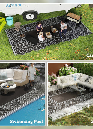 Reversible Outdoor Rug, Waterproof Plastic Straw with Carry Bag, 9' x 18', Black & Gray Gourd Border