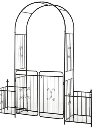 86" Garden Arch Arbor, Metal Arch Trellis with Gate and Planter Baskets, Garden Archway for Climbing Vines, Wedding Ceremony Decoration, Flourishes & Arrow Tips, Black