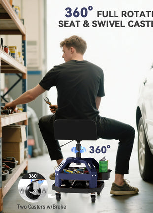 Rolling Creeper Garage Stool, 300 LBS Capacity Mechanic Stool with 360° Wheels, Tool Tray, Adjustable Height, Blue