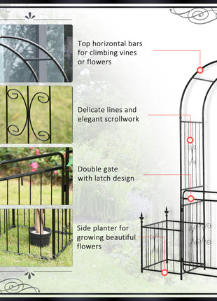 86" Garden Arch Arbor, Metal Arch Trellis with Gate and Planter Baskets, Garden Archway for Climbing Vines, Wedding Ceremony Decoration, Flourishes & Arrow Tips, Black