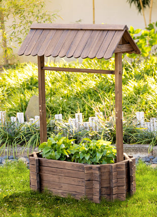 Wooden Wishing Well Raised Garden Bed, Ornamental Outdoor Flower Planter for flowers, herbs, vegetables, Rustic Brown