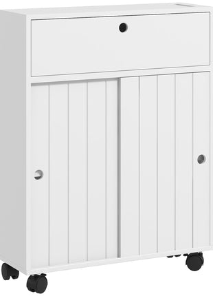 Toilet Paper Cabinet, Slim Bathroom Cabinet with 4 Rolling Wheels, Small Bathroom Storage Cabinet with Paper Holes, Sliding Doors and Adjustable Shelf for Small Space, White
