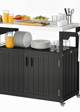 Outdoor Bar Cart with Storage, Stainless Steel Outdoor Bar Table Top, Wheeled HDPE Kitchen Island for Food Prep, Black