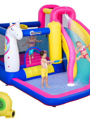 Inflatable Water Slide Bounce House with Trampoline, Climbing Wall, Water Cannon, Basketball Hoop, Splash Pool, 450W Blower, Unicorn Themed Bouncy House for Kids 3-8 Years Old