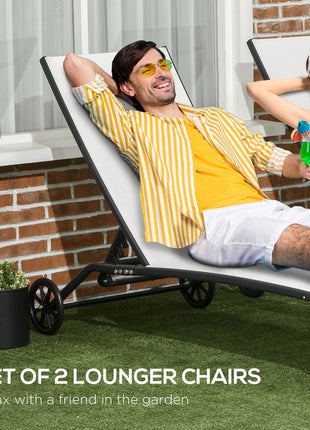 Chaise Lounge Outdoor, 2 Piece Lounge Chair with Wheels, Tanning Chair with 5 Adjustable Positions for Patio, Beach, Yard, Pool, Cream White