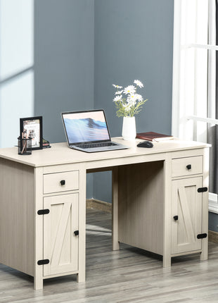 Farmhouse Computer Desk with Storage, Home Office Desk with 2 Drawers and 2 Cabinets, Cream White