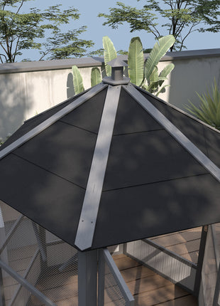 69" Wooden Hexagonal Outdoor Aviary Flight Bird Cage With Covered Roof, Light Gray