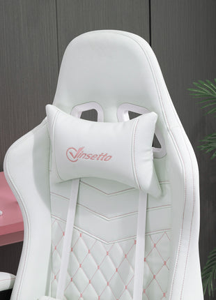 High Back PU Leather Gaming Chair, Racing Computer Chair with Swivel Wheels, Retractable Footrest, Headrest, Lumbar Support, and Armrest, White and Pink