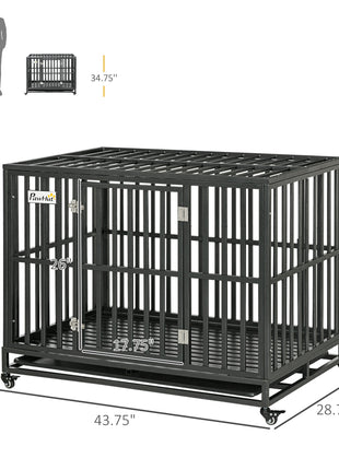 45" Heavy Duty Dog Crate, Escape-Proof Steel Kennel with Wheels, Black