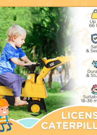 Kids Excavator Ride on Toy CAT Licensed with Manual Shovel, Horn, Hidden Storage for 18-36 Months, Yellow