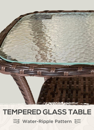 Outdoor Coffee Table with Storage Shelf, Hand-Woven Wicker Side Table with Water-Ripple Glass Top, Mix Brown