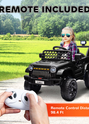 12V Battery Powered Ride On Truck, Kids Electric Car with Spring Suspension, Remote, Horn, USB Music, Black