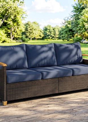 3 Seater Outdoor Couch Sofa, PE Wicker Patio Sofa, Wide Deep Seat, 4" Cushions, Wood-Effect Armrests Legs, Dark Blue