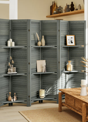 6 Panel 67" Tall Wood Privacy Screen Room Divider with 3 Shelves and Folding Storage for Bedroom, Gray