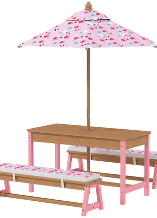 Kids Picnic Table Set with Foldable Umbrella, Removable Cushions & Boxes, Flamingo Theme, Pink