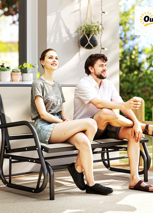 2-Person Outdoor Glider Bench, Patio Double Swing Rocking Chair Loveseat w/Powder Coated Steel Frame for Backyard Garden Porch, Beige