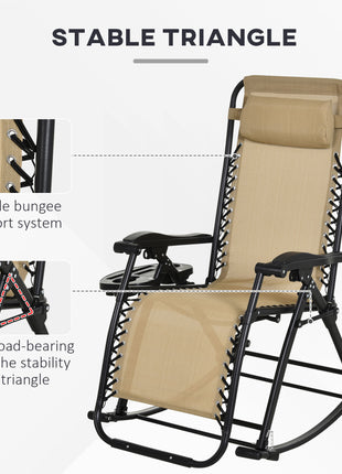 2 Outdoor Rocking Chairs Foldable Reclining Zero Gravity Lounge Rockers w/ Pillow Cup & Phone Holder, Beige