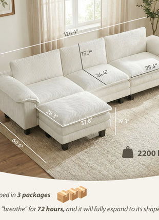 Sectional Sofa, L Shaped Couch with Deep Seat, Movable Ottoman and Pillow-top Armrests, Beige