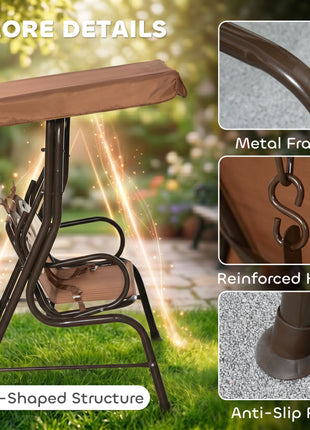 Kids Patio Swing, 2-Seater Outdoor Swing Chair with Adjustable Canopy and Safety Belt, Monkey Pattern Hanging Swing Bench for Garden or Backyard, Coffee
